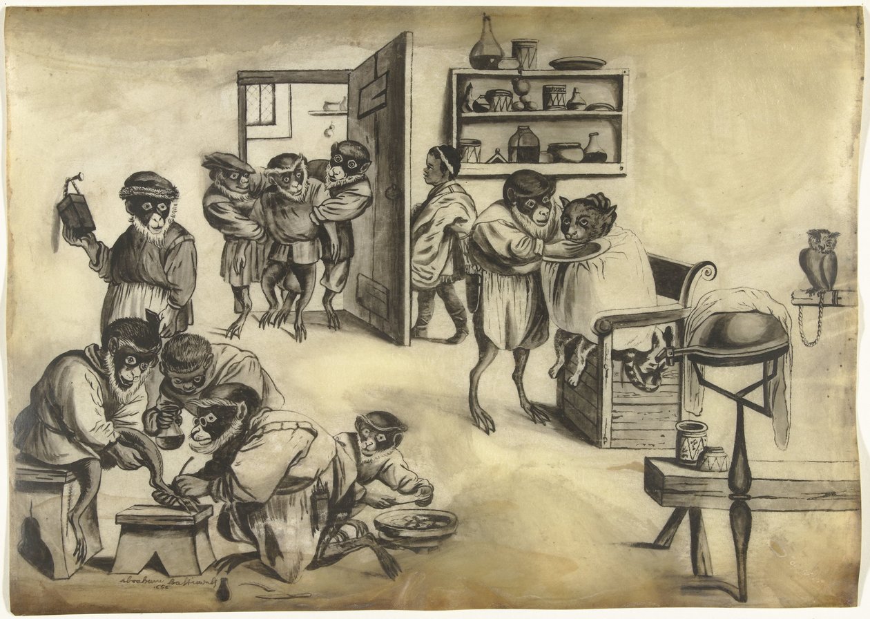 Barbearia com macacos, c. 1720 de Abraham Bastiaensz.