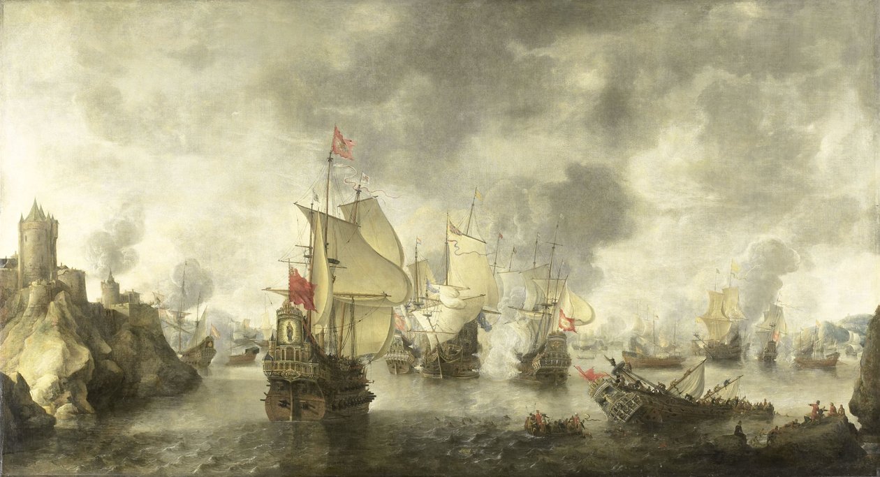 Batalha da frota combinada veneziana e holandesa contra os turcos na Baía de Foya, 1649 de Abraham Beerstraten