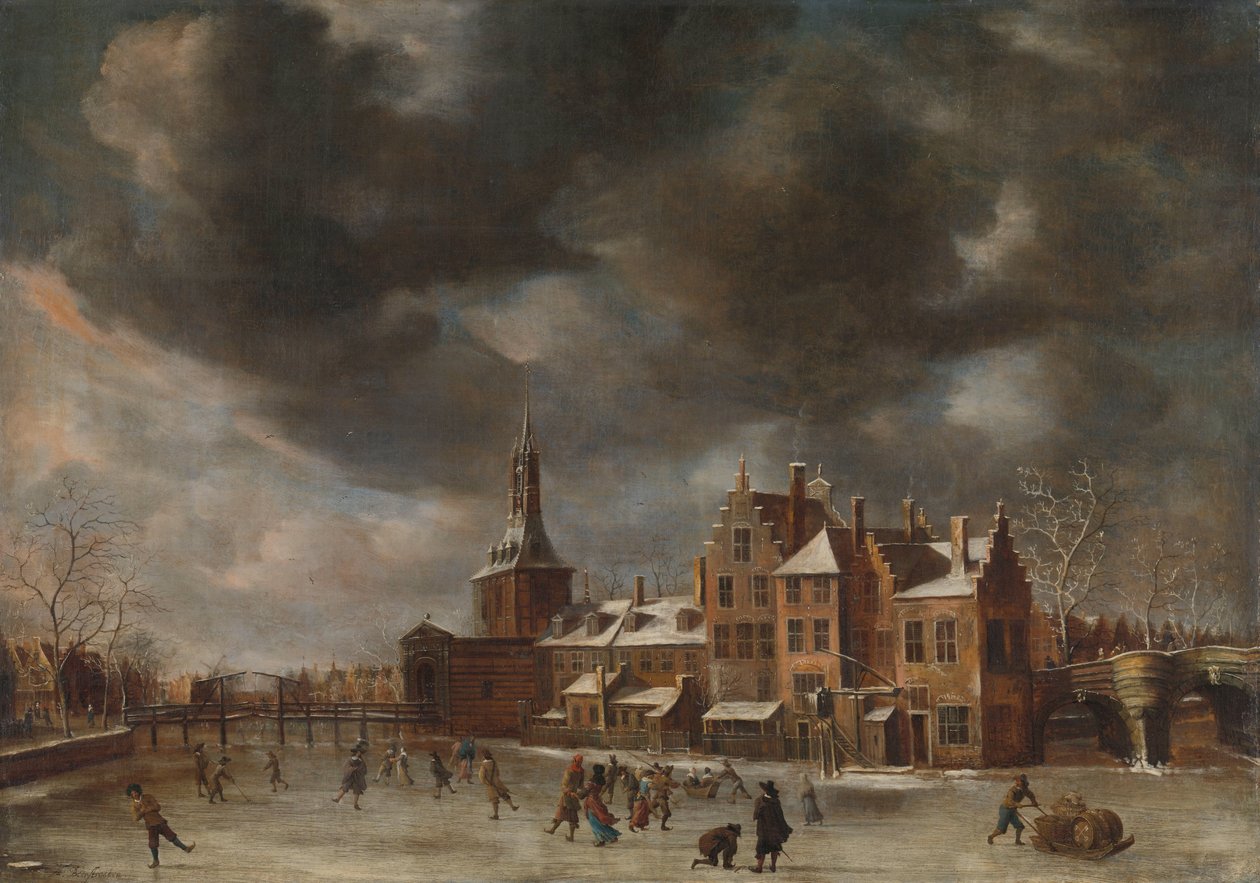 O Blauwpoort em Leiden, no Inverno de Abraham Beerstraten