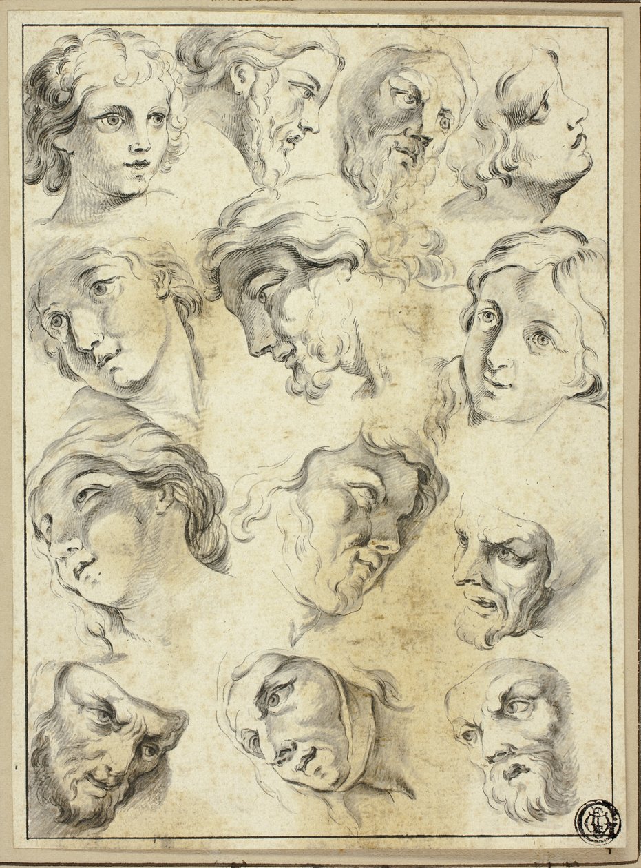 13 esboços de vários rostos de Abraham Bloemaert