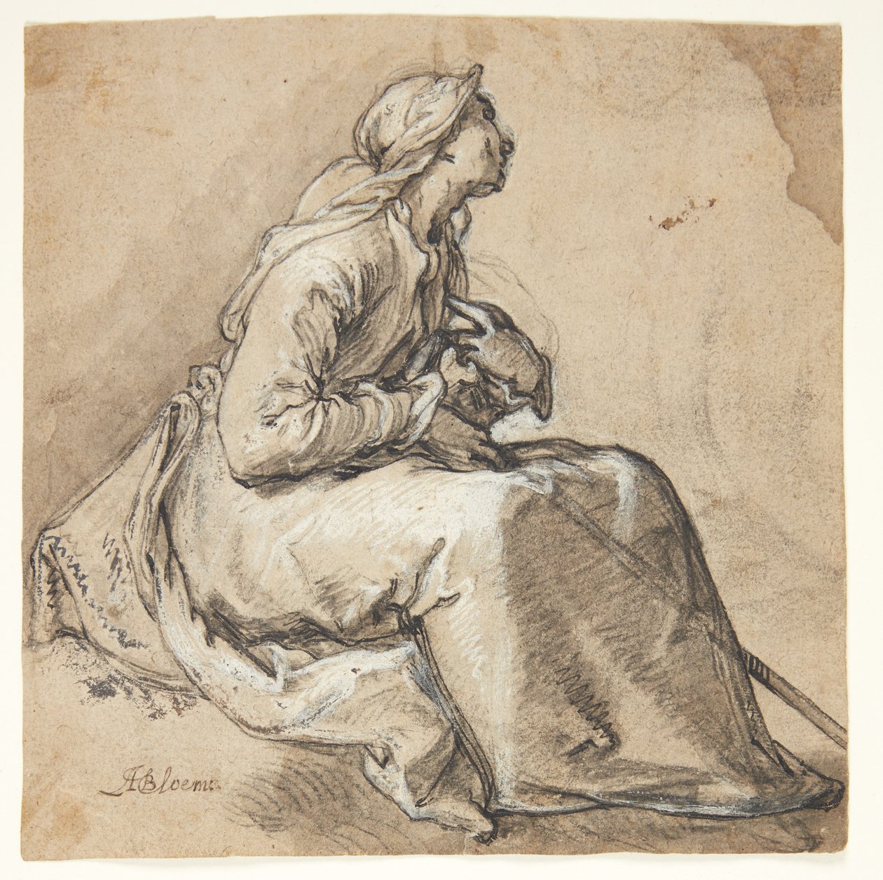 Uma mulher sentada de frente para a direita, em uma postura de humildade orante de Abraham Bloemaert
