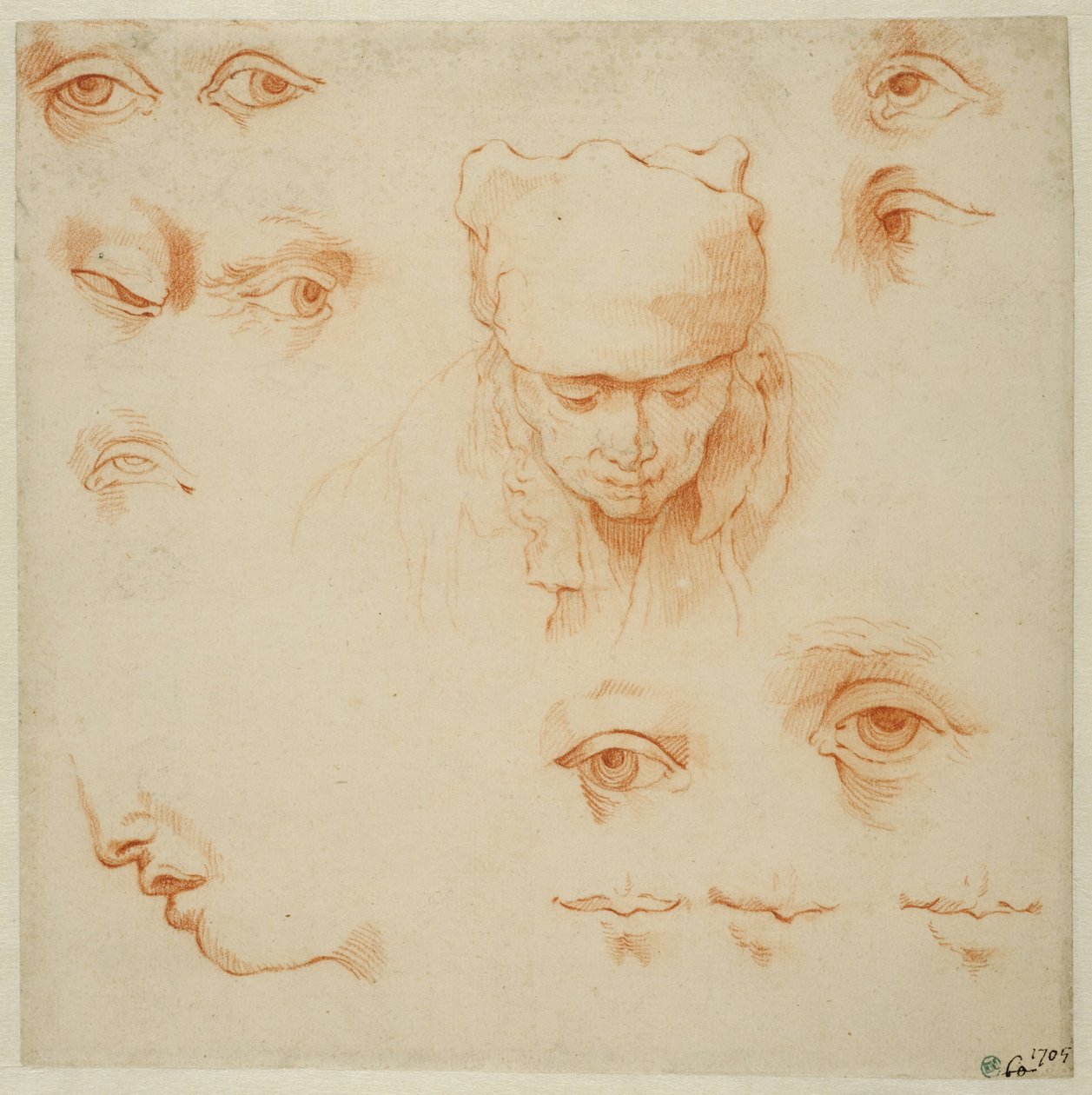 Cabeça de uma mulher idosa e estudos de olhos e bocas de Abraham Bloemaert