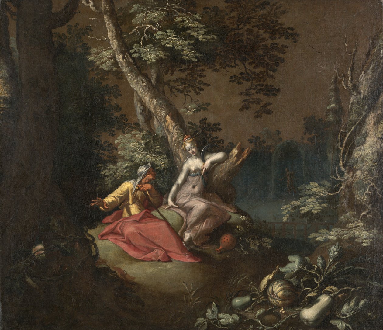 Paisagem com Vertumnus e Pomona, c.1595-1600 (óleo sobre tela montado a bordo) de Abraham Bloemaert