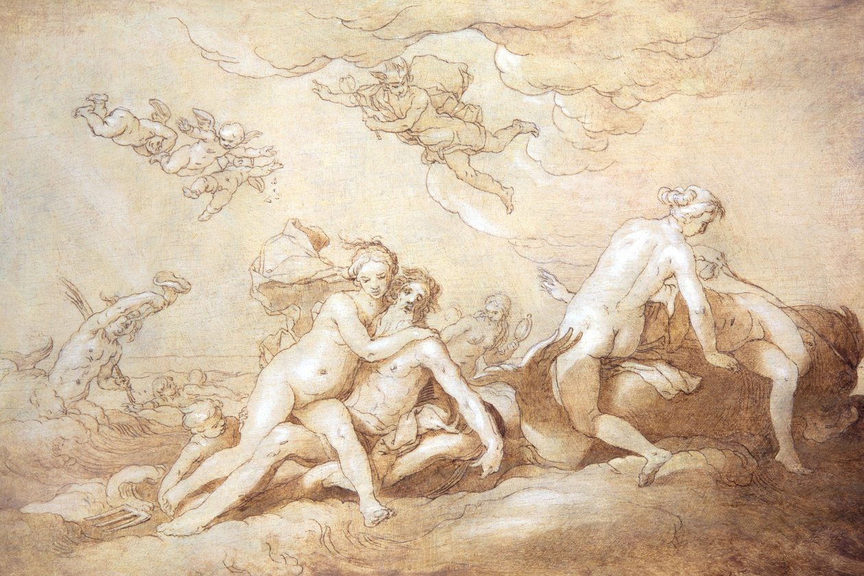 Neptuno e Anfitrite (caneta e tinta) de Abraham Bloemaert