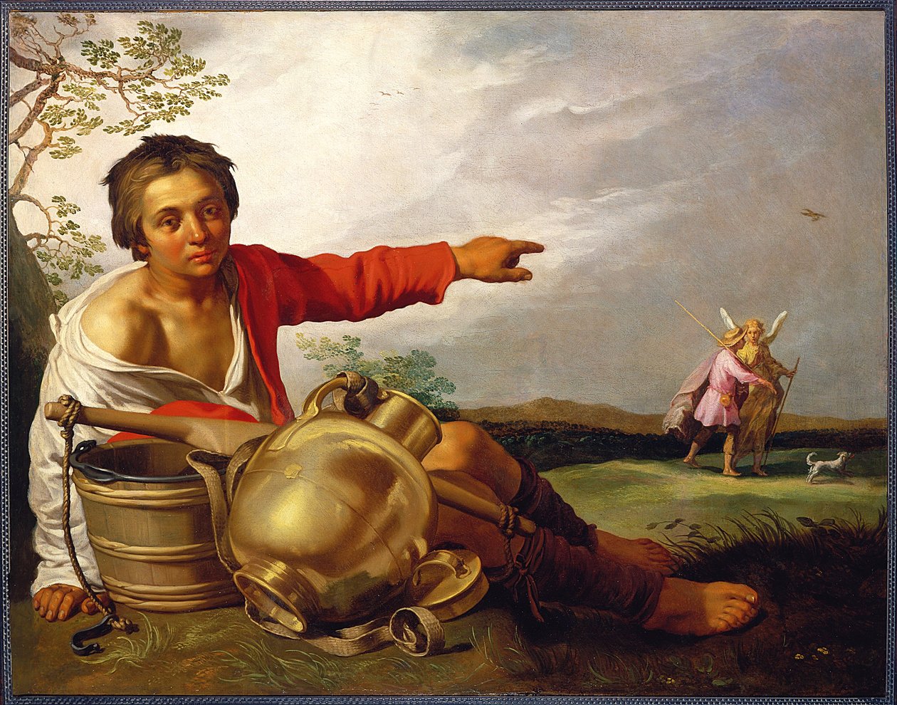 Rapaz pastor a apontar para Tobias e o Anjo de Abraham Bloemaert