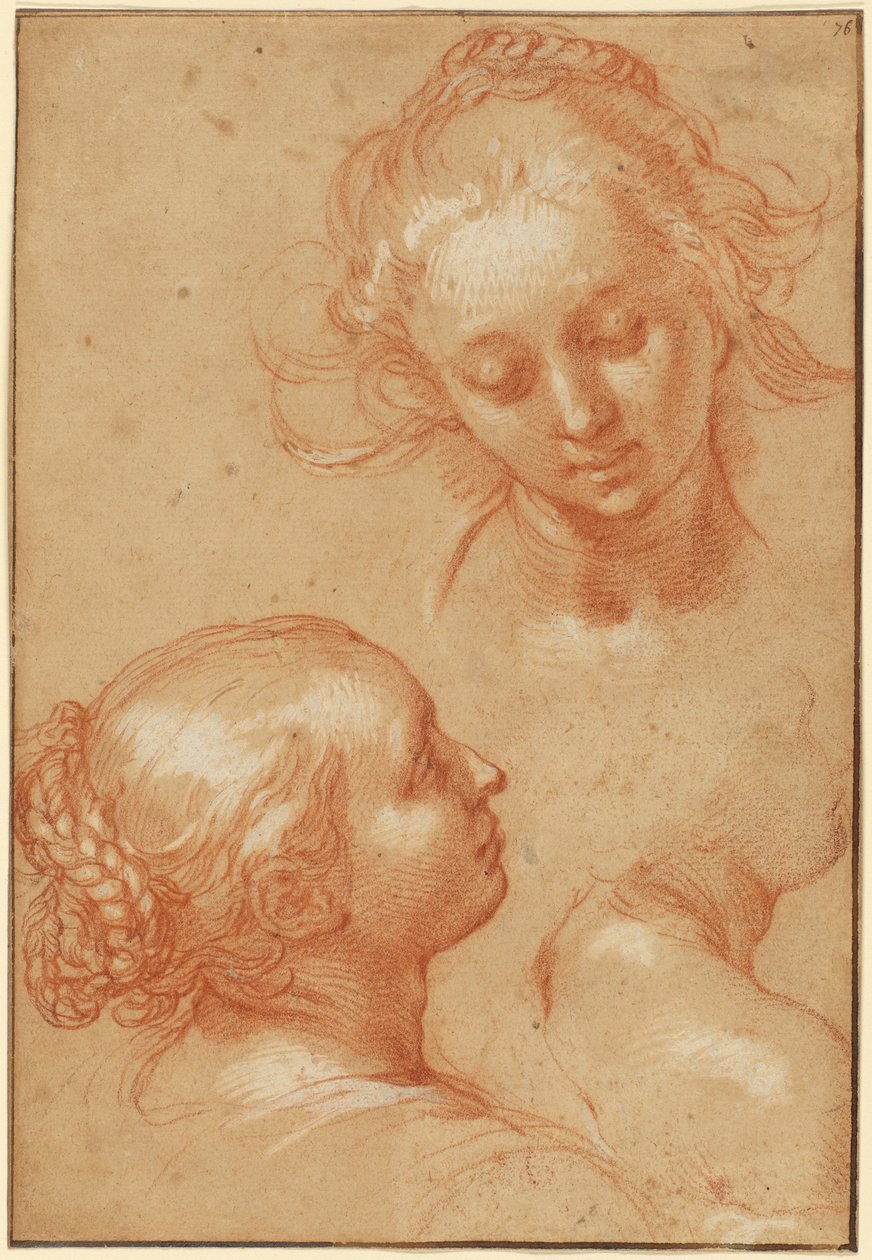 Três estudos de mulheres (anverso); quatro estudos de mãos e uma contraprova de um jovem ajoelhado (verso) de Abraham Bloemaert