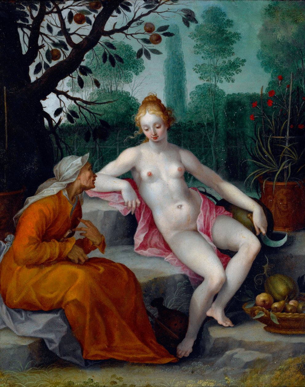 Vertumnus e Pomona (o deus das estações disfarça-se de mulher velha para entrar no pomar das ninfas) - Pintura de Abraham Bloemaert (1566-1651), óleo sobre cobre, c1605 - (Vertumnus e Pomona, de Abraham Bloemaert , óleo sobre cobre, c1605) de Abraham Bloemaert