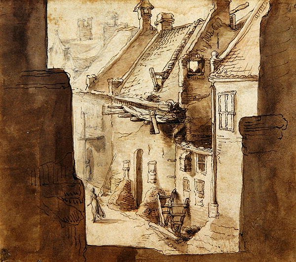 Vista de Ramparts para um beco (giz, caneta e aguarela sobre papel) de Abraham Bloemaert
