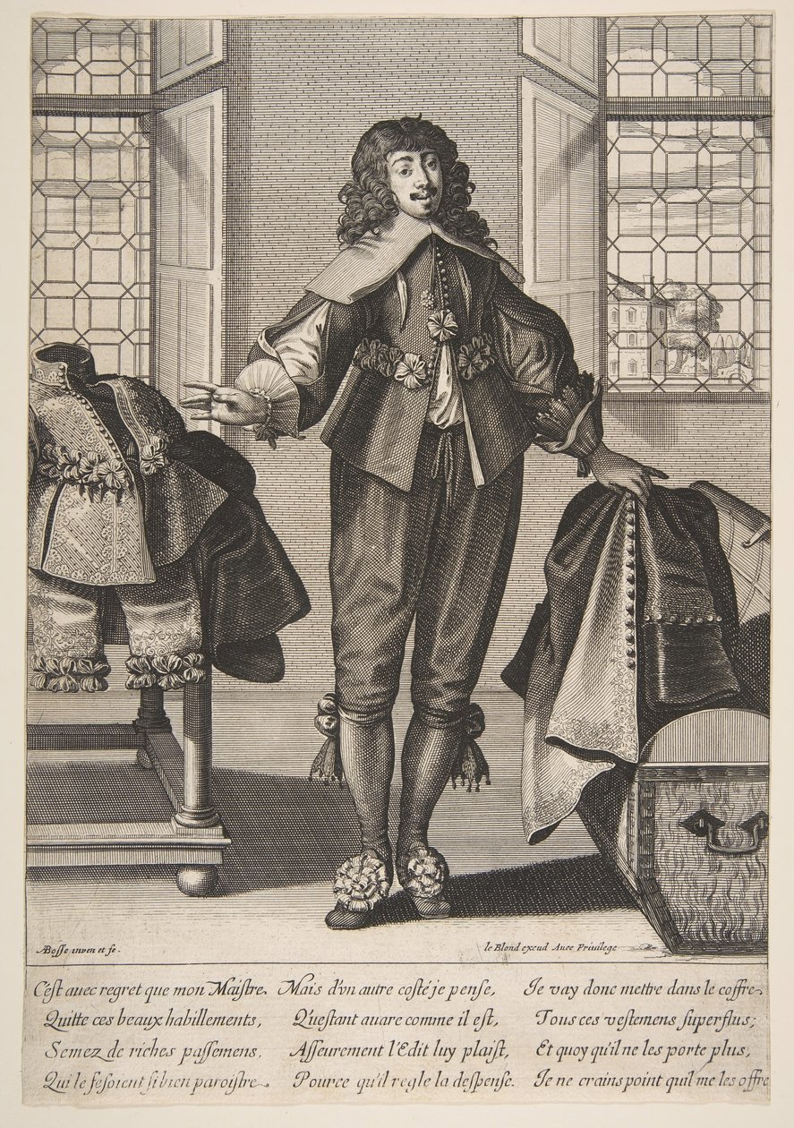 Um manobrista que guarda as roupas luxuosas de seu mestre, de meados ao final do século XVII. de Abraham Bosse