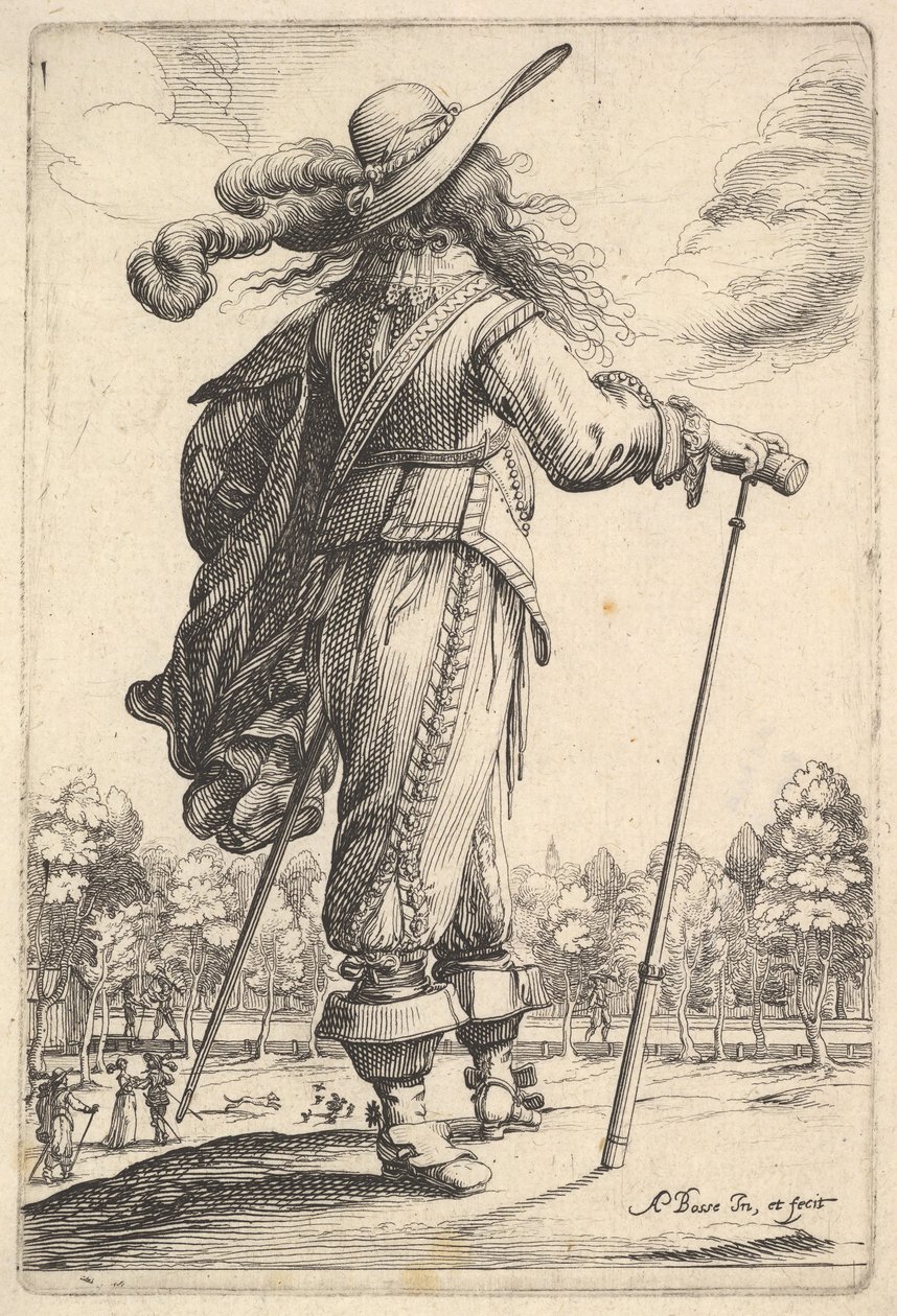 Um cavalheiro, visto por trás, caminhando para a direita com uma bengala e vestindo uma plumagem ..., 1629. de Abraham Bosse