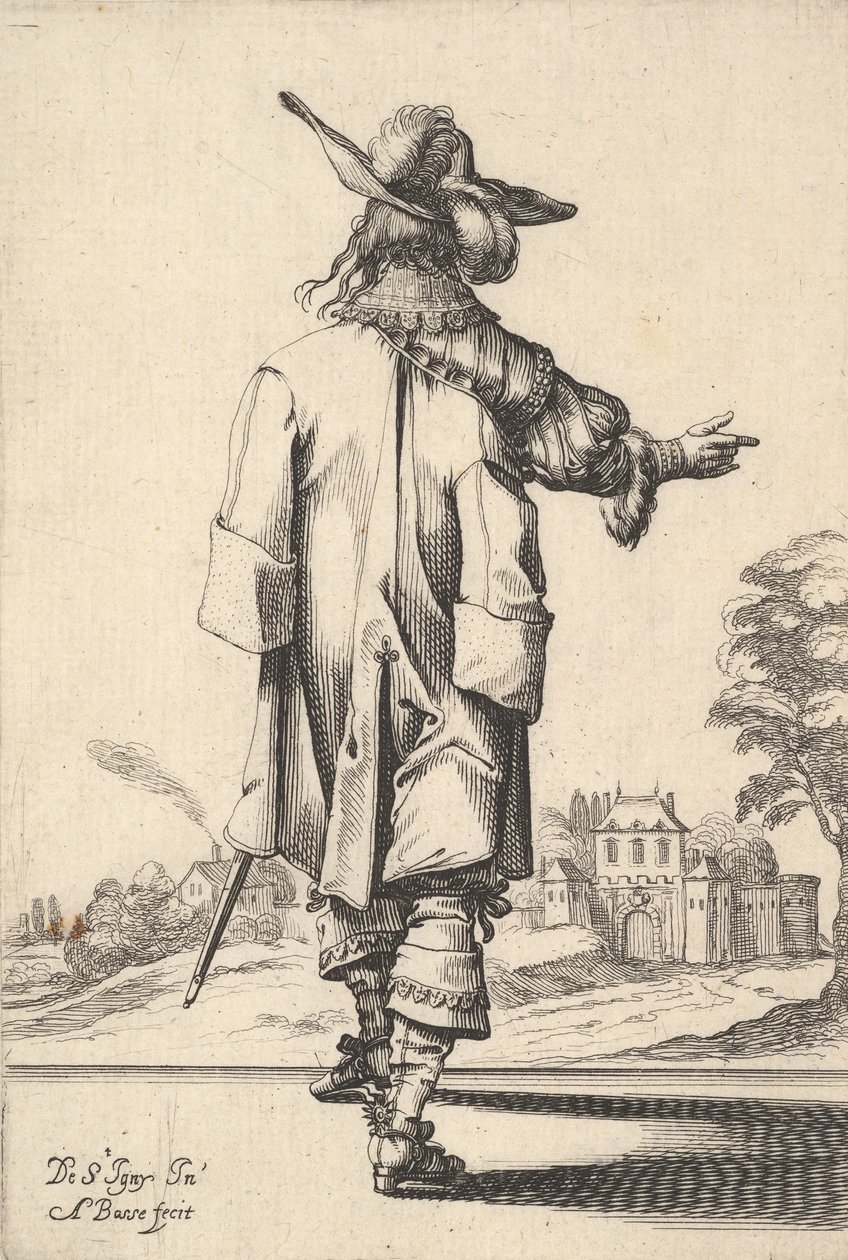 Um senhor, visto por trás, com o braço direito estendido e um manto sobre o esquerdo..., 1629. de Abraham Bosse