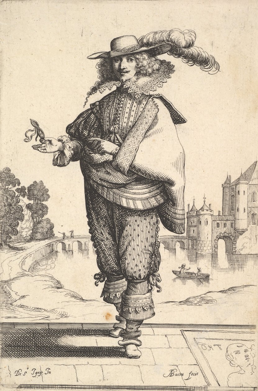 Um cavalheiro em pé na frente de um grande castelo e usando um chapéu emplumado e uma gola de renda ..., 1629. de Abraham Bosse