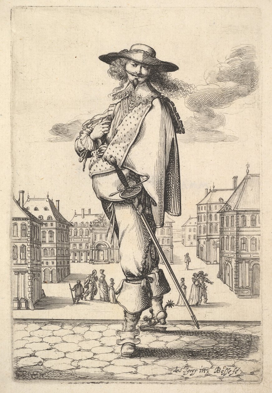 Um cavalheiro, virou três quartos para a esquerda, usando um chapéu e botas com esporas, carryi ..., 1629. de Abraham Bosse