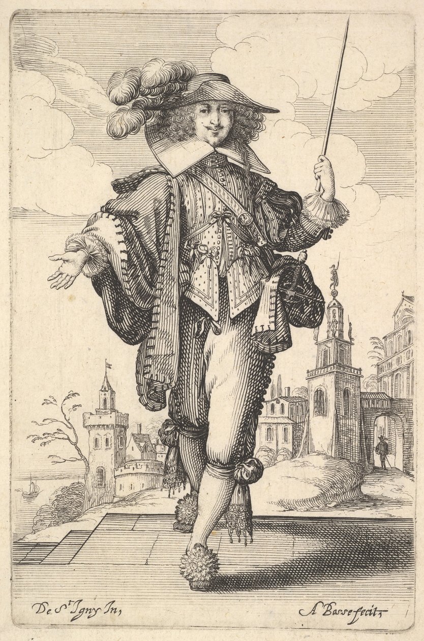 Um cavalheiro andando para a frente, com o braço direito estendido e um chicote na mão esquerda ..., 1629. de Abraham Bosse