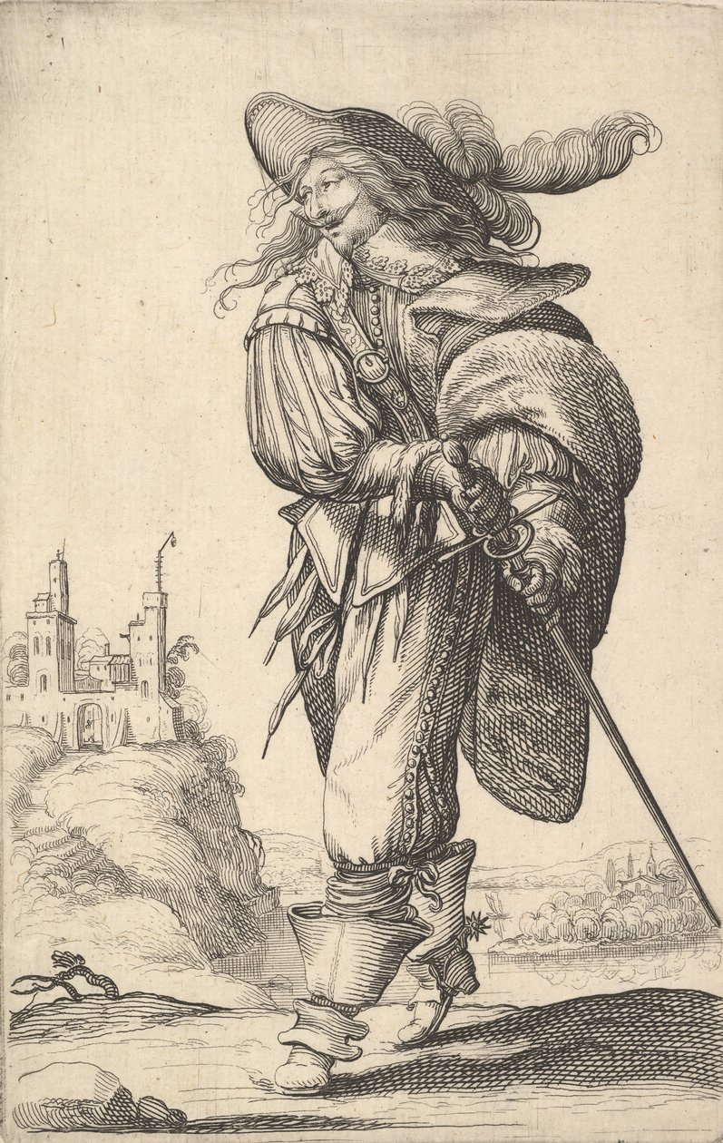Um cavalheiro, caminhando para a esquerda e tirando sua espada da bainha, vestindo um plu..., 1629. de Abraham Bosse
