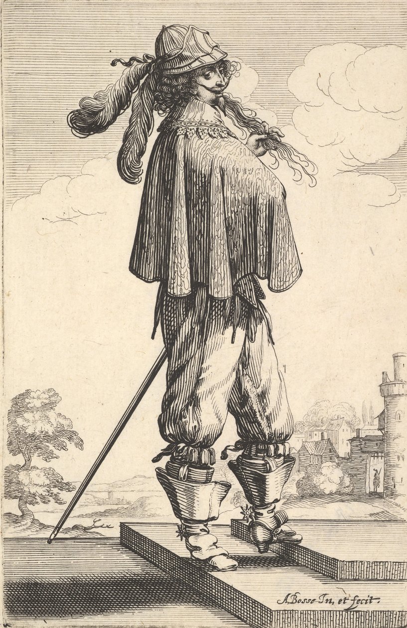 Um cavalheiro vestindo um casaco curto, um capacete e botas com esporas, de pé nos degraus de ..., 1629. de Abraham Bosse