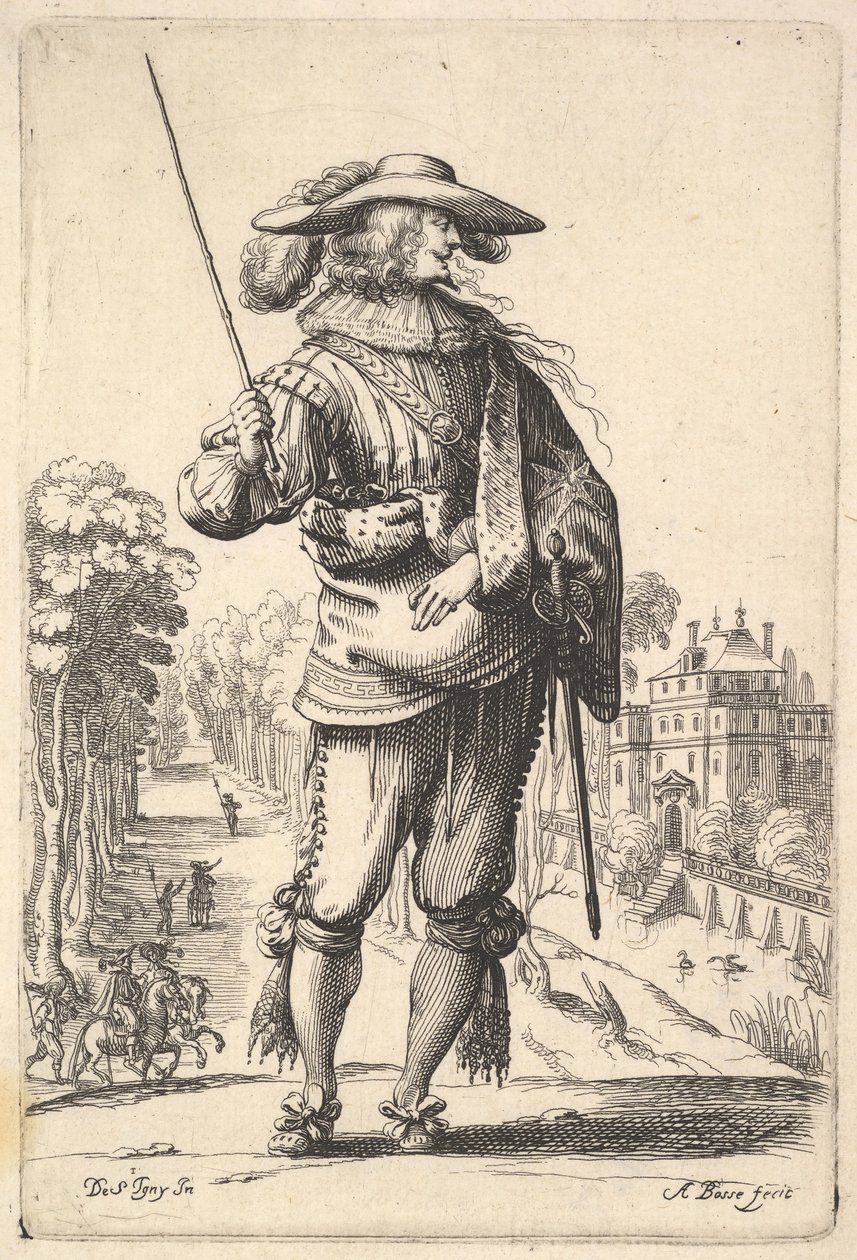 Um cavalheiro com a cabeça virada para a direita de perfil, usando um chapéu emplumado e um ..., 1629. de Abraham Bosse