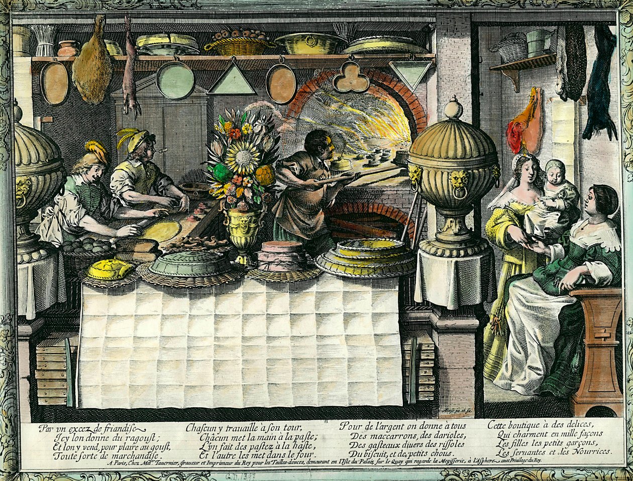 Uma pastelaria no século XVII: a loja dos fundos onde os padeiros e pasteleiros fazem e cozinham bolos e pães, e os clientes na loja. A forma dos bolos fica pendurada na parede. Gravura de Abraham Bosse (1602-1676) de Abraham Bosse