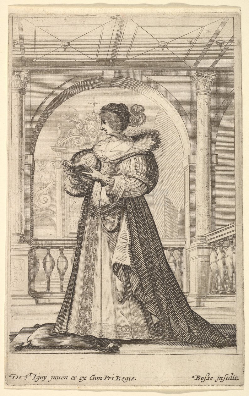 Uma mulher de pé, voltada para a esquerda de perfil, usando um chapéu e uma gola de renda, lendo ..., ca. 1629 de Abraham Bosse