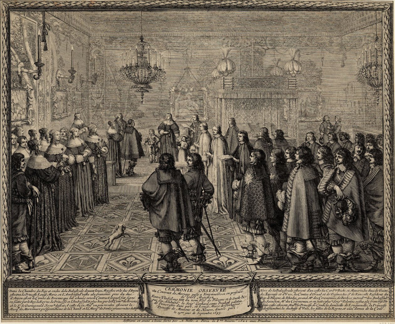 Cerimônia do Contrato de Casamento entre Wladyslaw IV, Rei da Polônia e Marie Louise Gonzaga. de Abraham Bosse