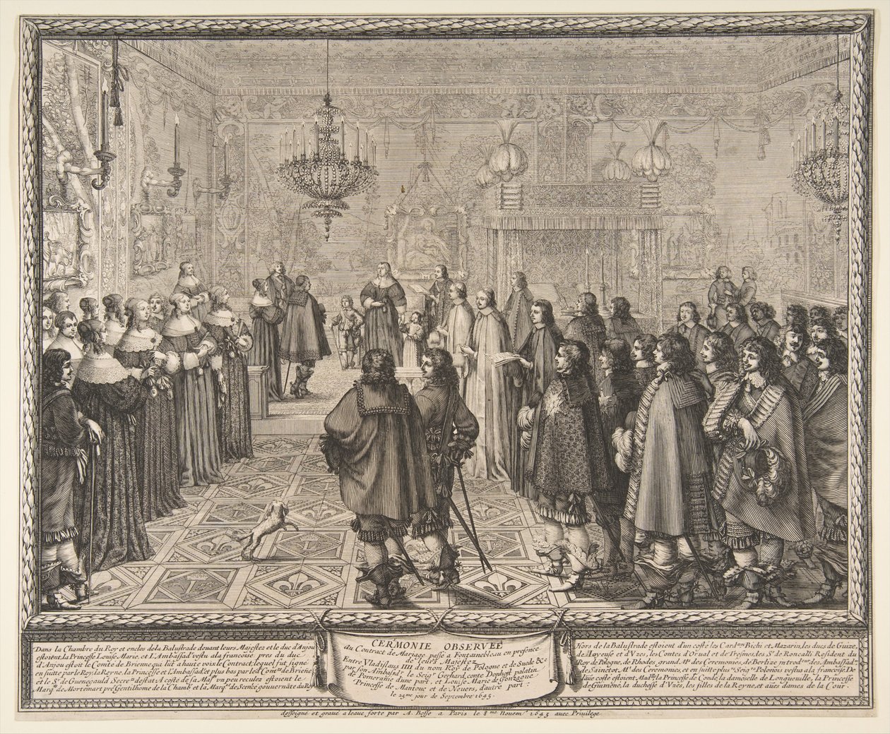 Cerimónia de celebração do contrato de casamento entre Władysław IV, rei da Polónia, e Maria Luísa Gonzaga, princesa de Mântua, em Fontainebleau de Abraham Bosse
