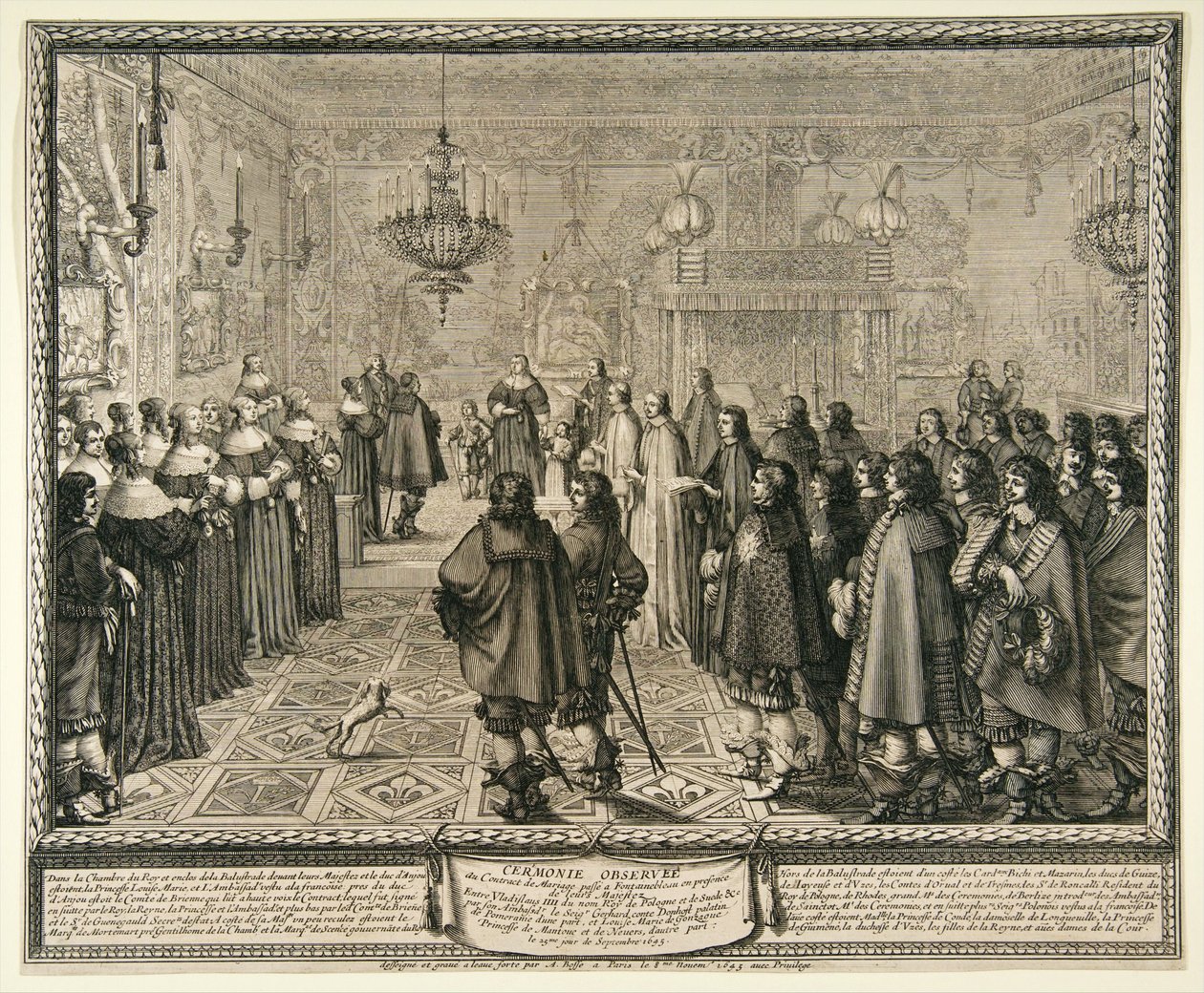 Cerimónia de aprovação do contrato de casamento de Władysław IV e Marie Louise Gonzaga em Fontainebleau. de Abraham Bosse