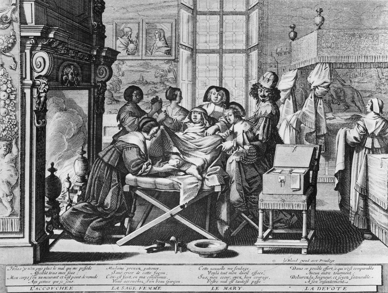 Série de gravura (forte de água) intitulada "O Casamento com a Cidade" de 1633 por Abraham Bosse - "Parto": no leito de trabalho. de Abraham Bosse