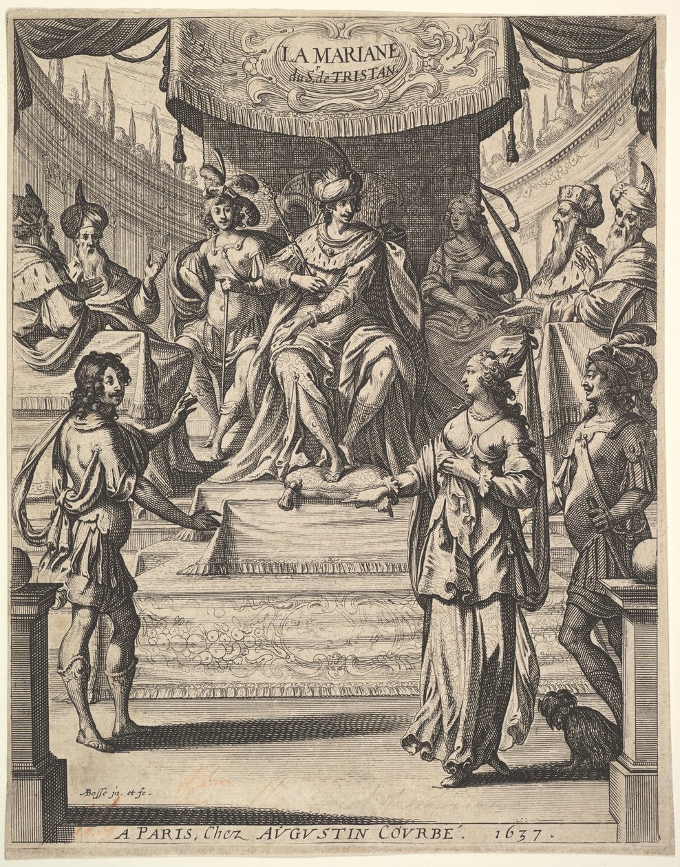 Frontispício para Tristan LHermite: Marianne de pé à direita diante de Herodes e sua corte, 1637. de Abraham Bosse