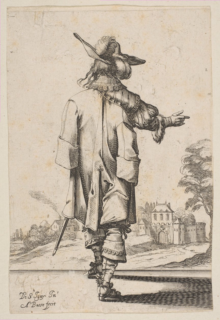 Cavalheiro visto de trás, apontando para um castelo, 1629. de Abraham Bosse