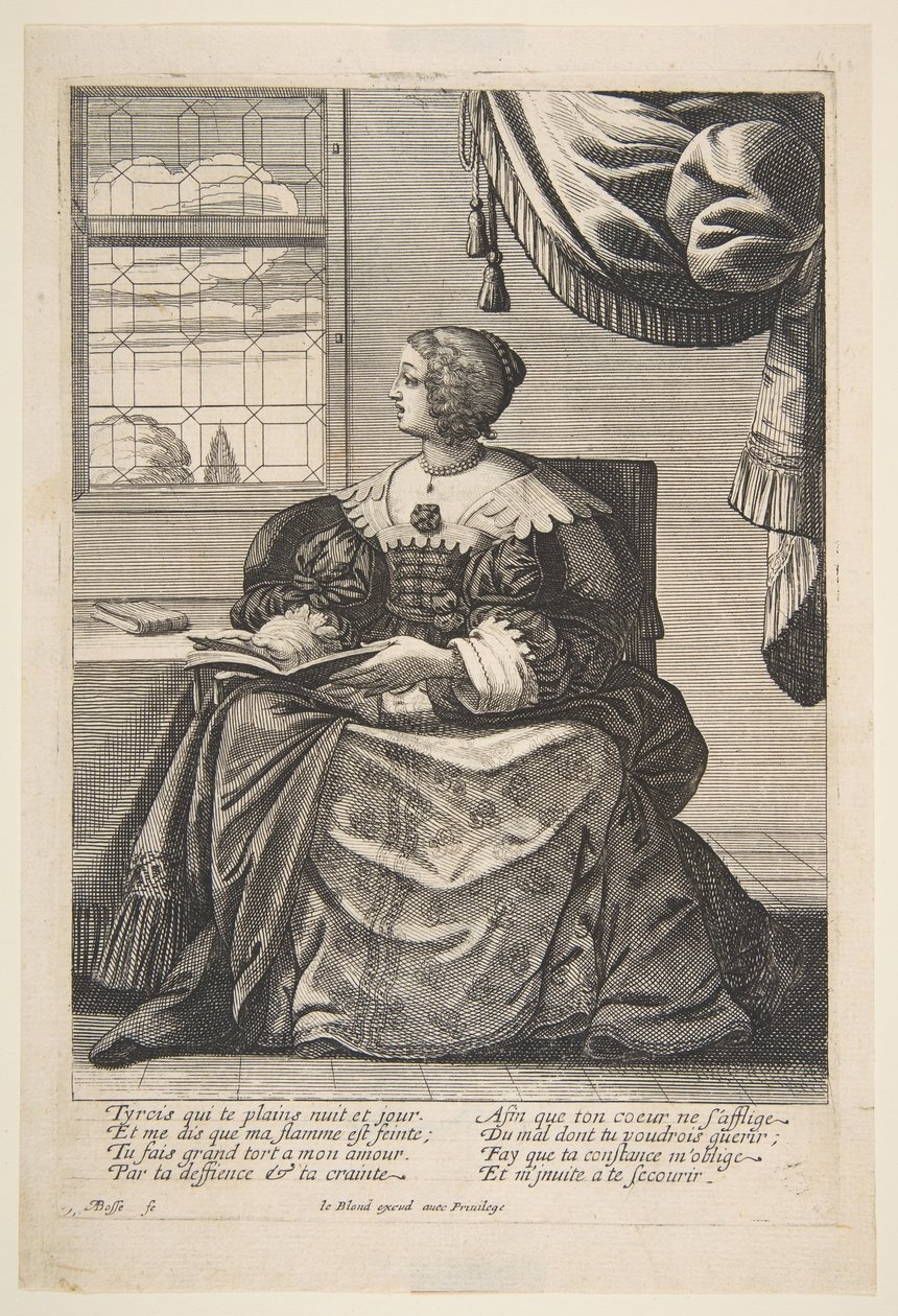 Mulher sentada segurando um livro e cantando, em meados do século XVII. de Abraham Bosse