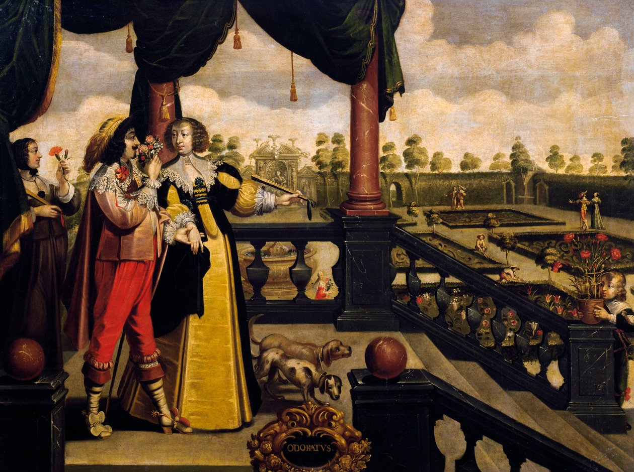 Sentido do olfato, ca. 1635, de Abraham Bosse (1604-1676), após pintura de série de 5 por artista desconhecido, França de Abraham Bosse