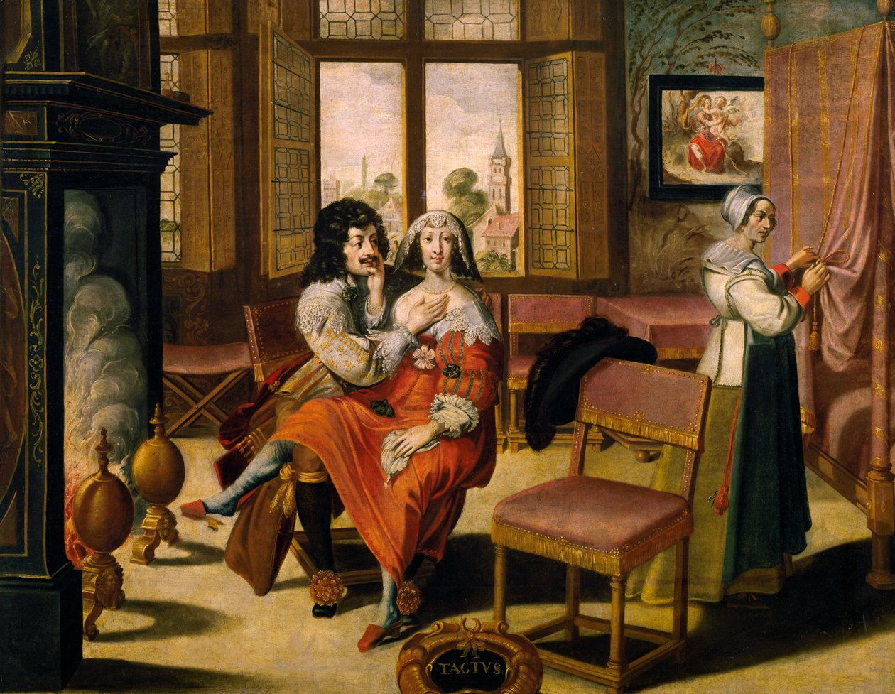 Sentido de toque, ca. 1635, de Abraham Bosse (1604-1676), após pintura de série de 5 por artista desconhecido, França de Abraham Bosse