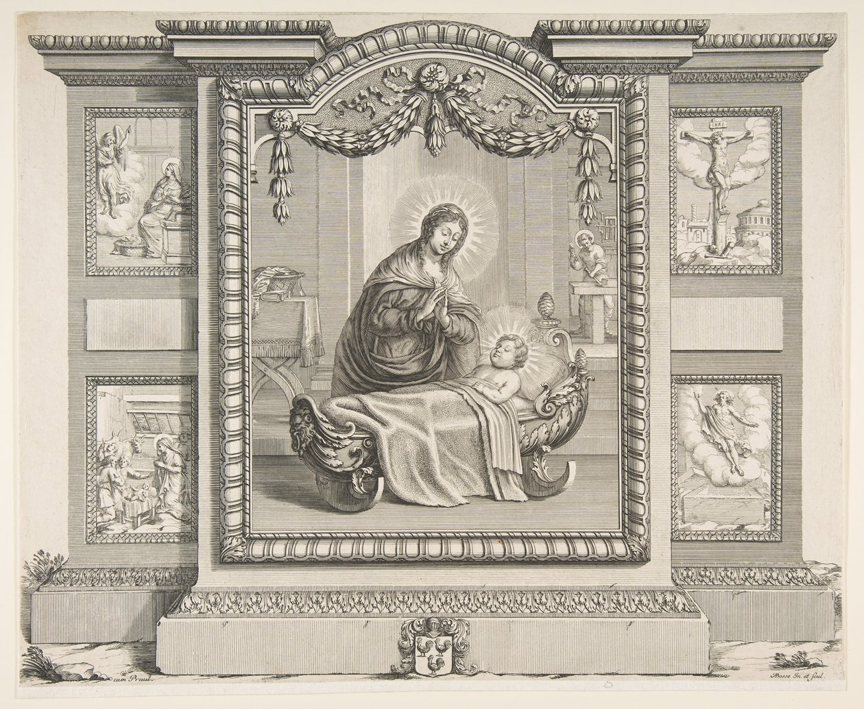 A Natividade com cenas da Anunciação, A adoração dos pastores, A Cruci ..., 1620-76. de Abraham Bosse