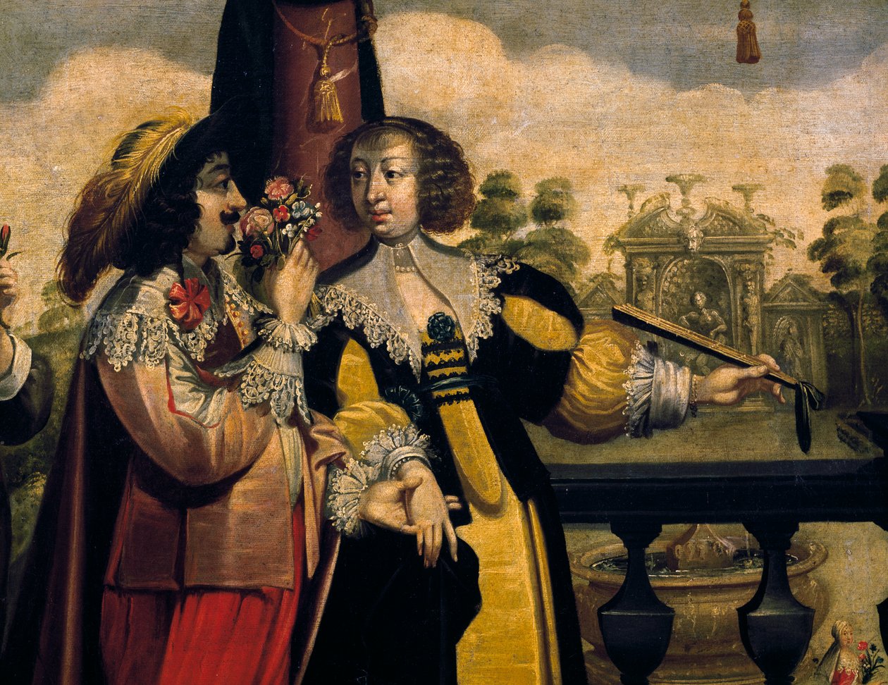 O olfato, ca. 1635, de Abraham Bosse (1604-1676), depois de uma pintura de uma série de 5, de artista desconhecido, detalhe. França de Abraham Bosse