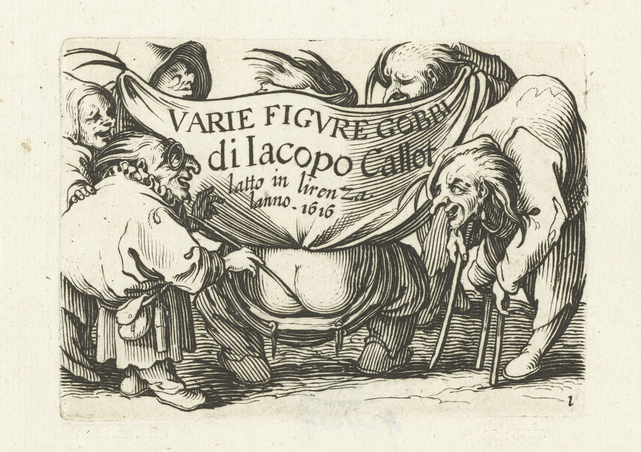 Página de título da série de impressão "Vários anões"/"Variie figure gobbi di Jacopo Callot
Variie figure gobbi di Jacopo Callot (título da série sobre o objecto)
Várias figuras grotescas (título da série)
Anões e corcundas (título da série) de Abraham Bosse
