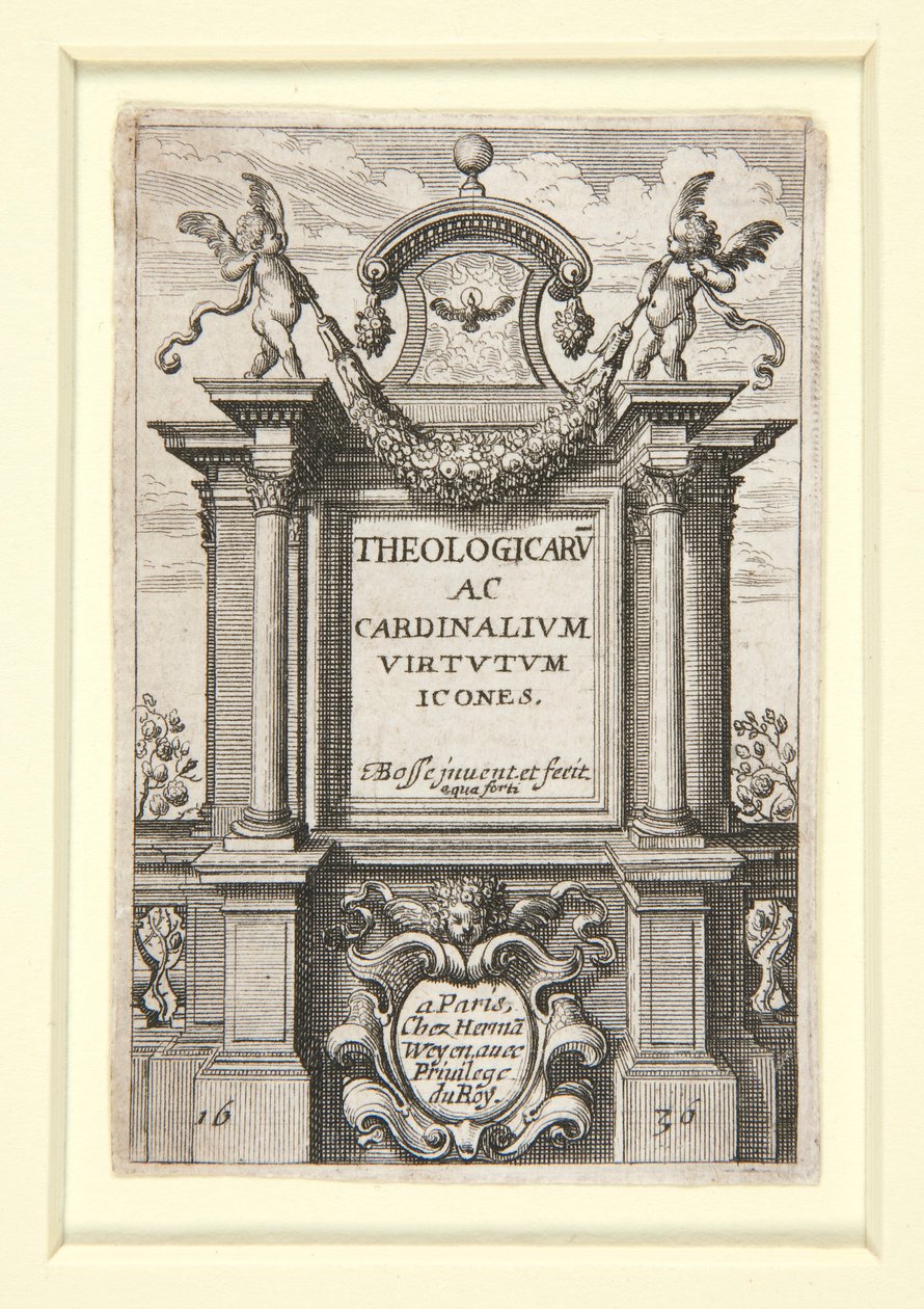 Página de rosto de ícones de virtudes teológicas e cardeais de Abraham Bosse