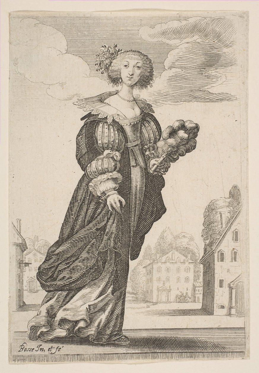 Mulher segurando um leque, 1629. de Abraham Bosse