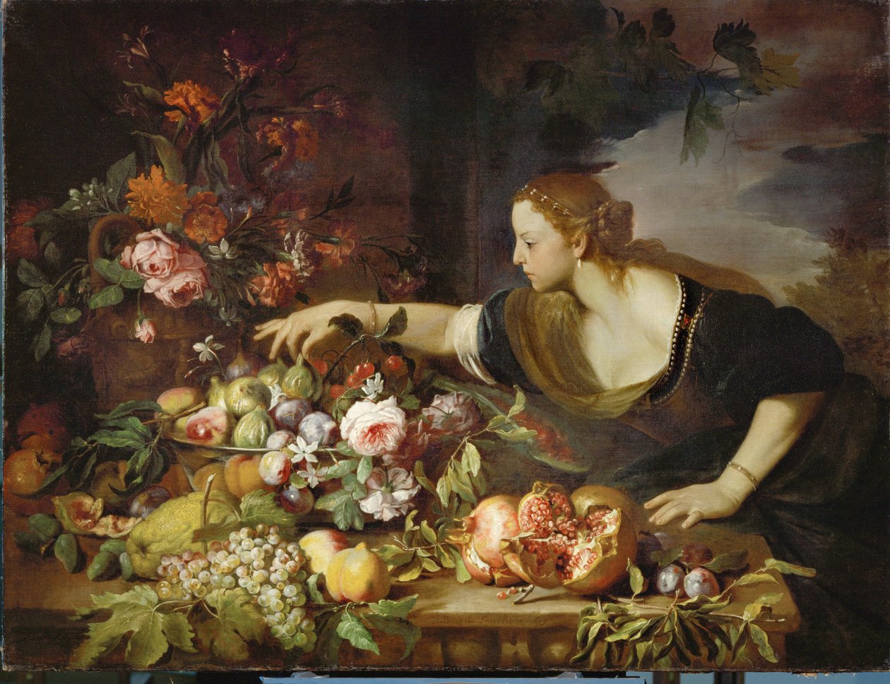 Femme prenant des fruits - uma mulher a apanhar fruta ... de Abraham Brueghel