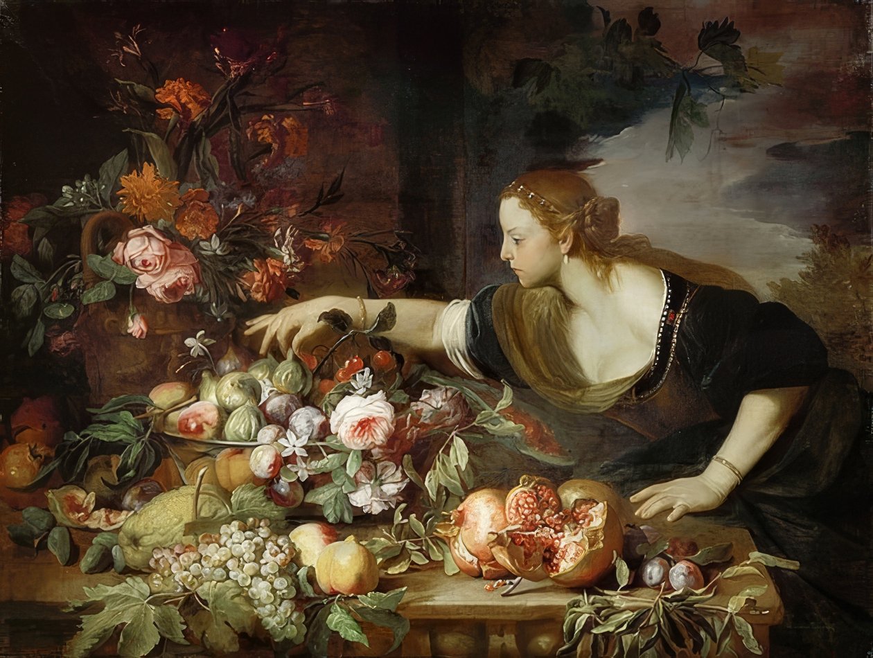 Mulher com flores e frutas. 1669 de Abraham Brueghel