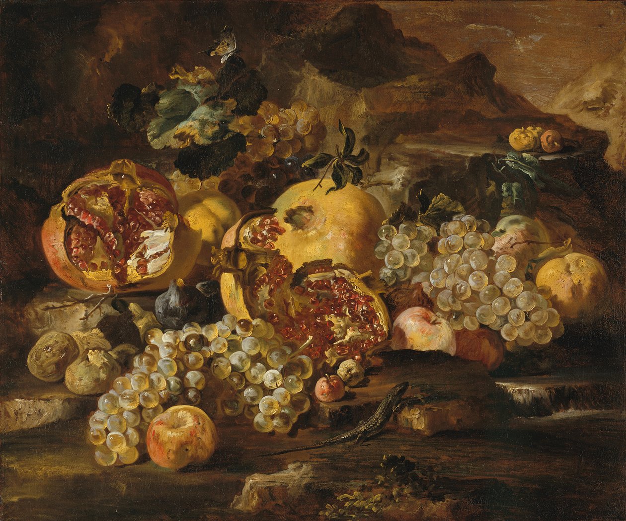 Romãs e outras frutas em uma paisagem. de Abraham Brueghel