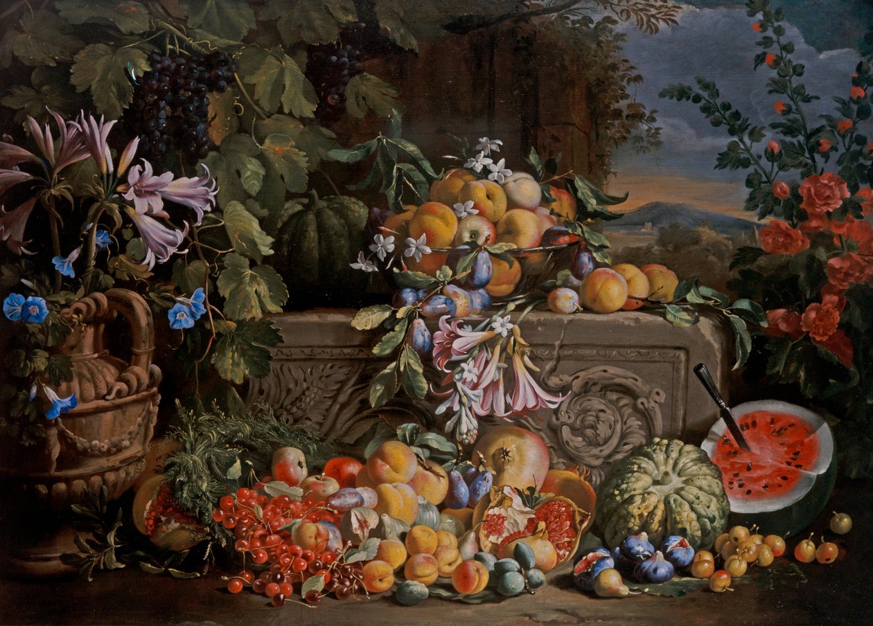 Natureza morta com cerejas, melancias, pêssegos, damascos, ameixas, romãs e figuras de Abraham Brueghel