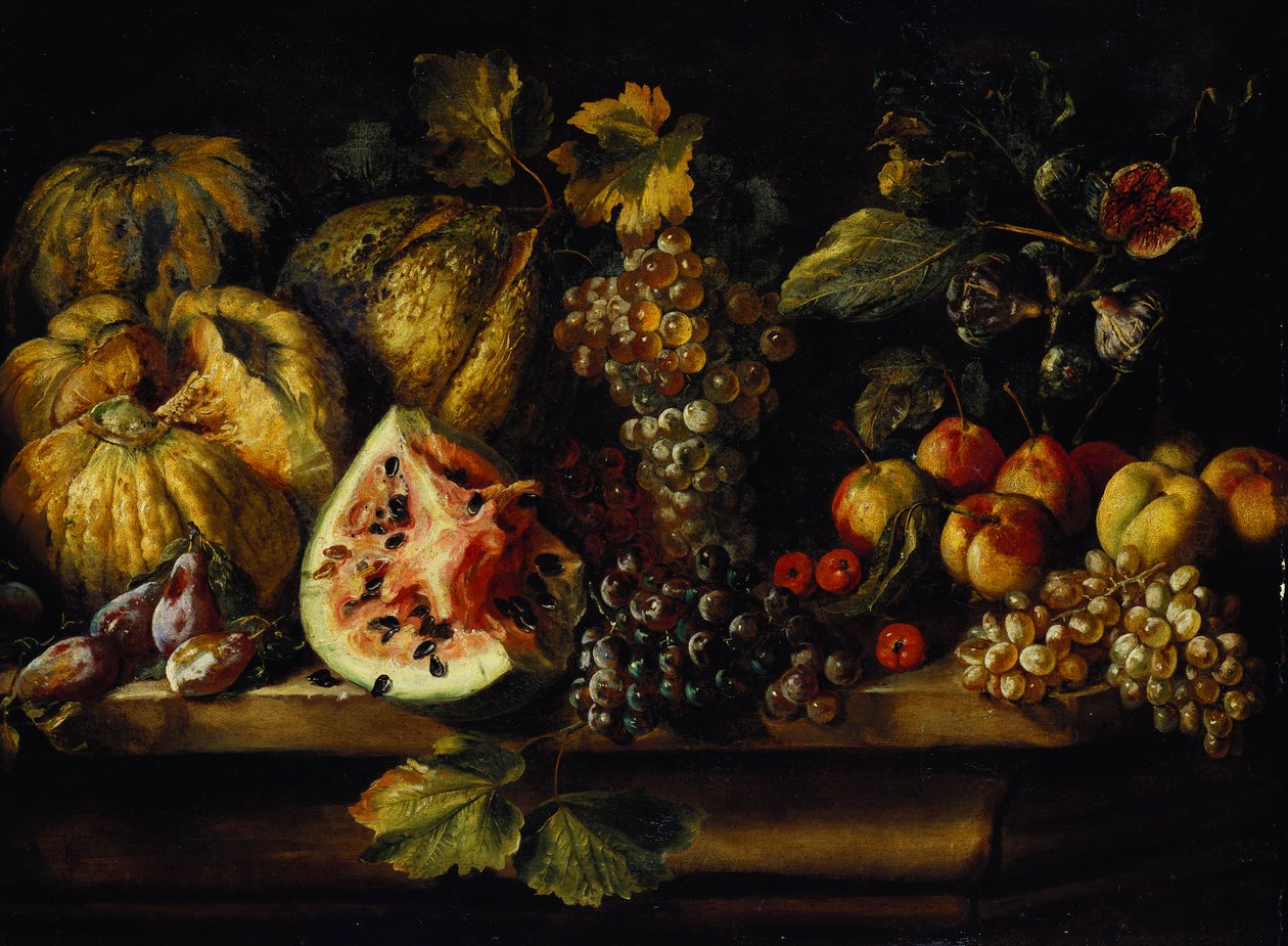 Ainda vida de melancia, uvas, ameixas, pêssegos, cerejas e outras frutas em uma borda de Abraham Brueghel