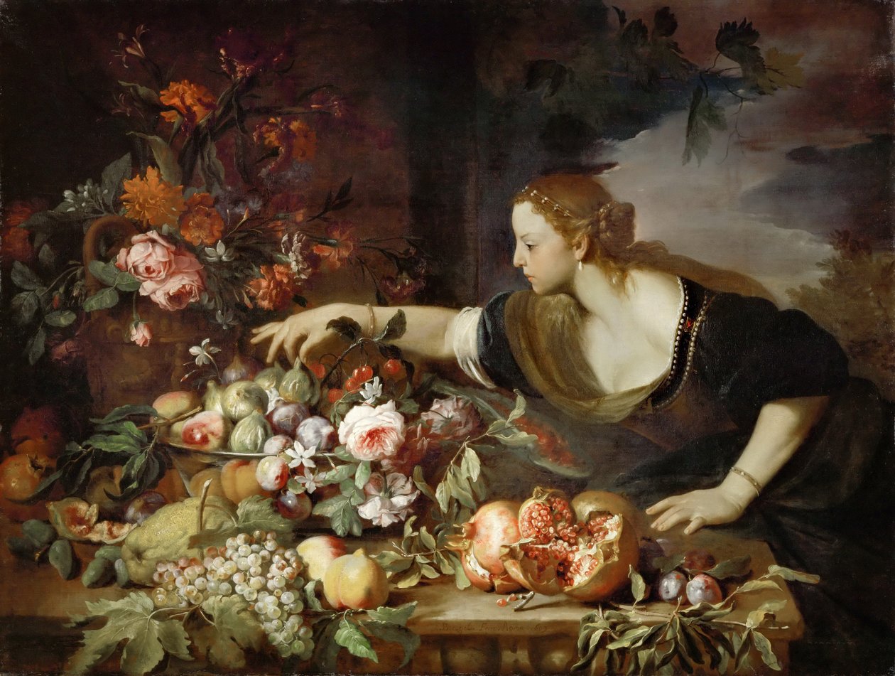 Mulher tomando fruta de Abraham Brueghel