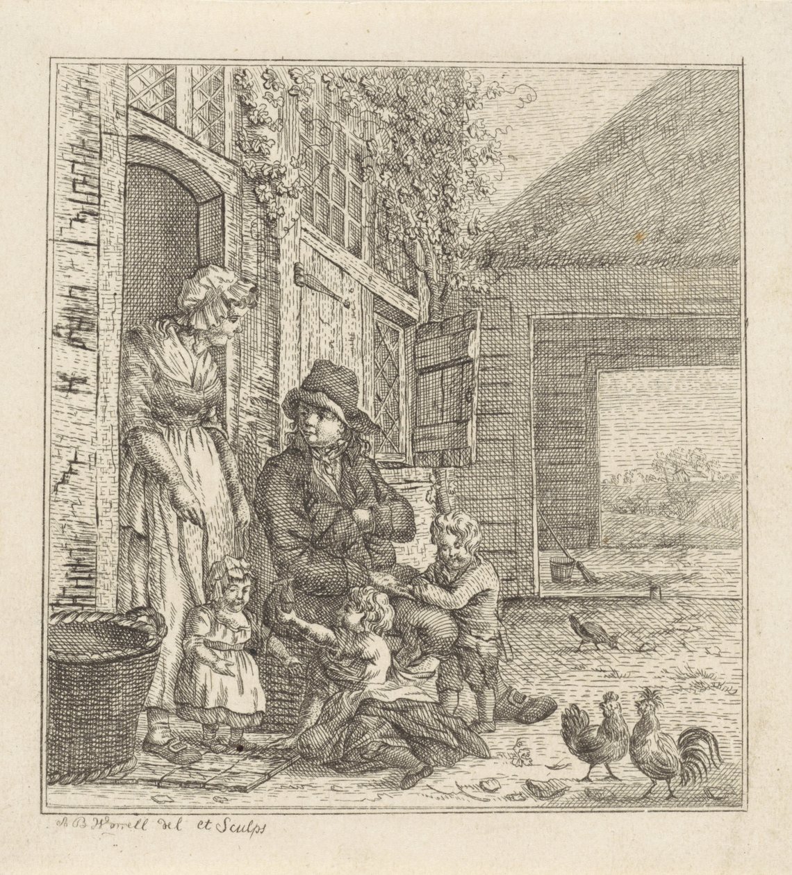 Homem e mulher com crianças à porta de uma porta de Abraham Bruinings Worrel