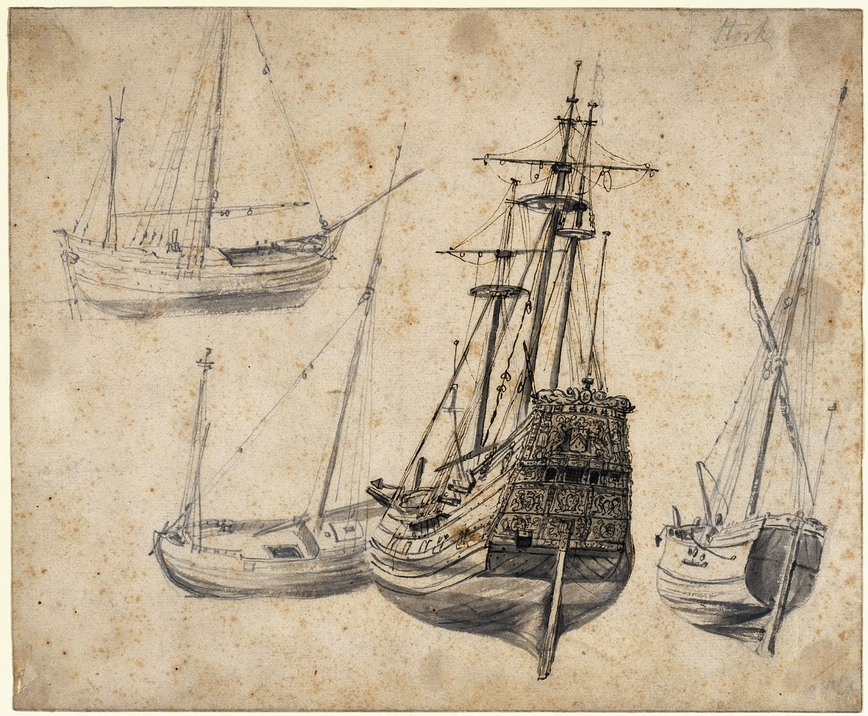Ficha de estudo com três mestres e barcos de Abraham Casembroot