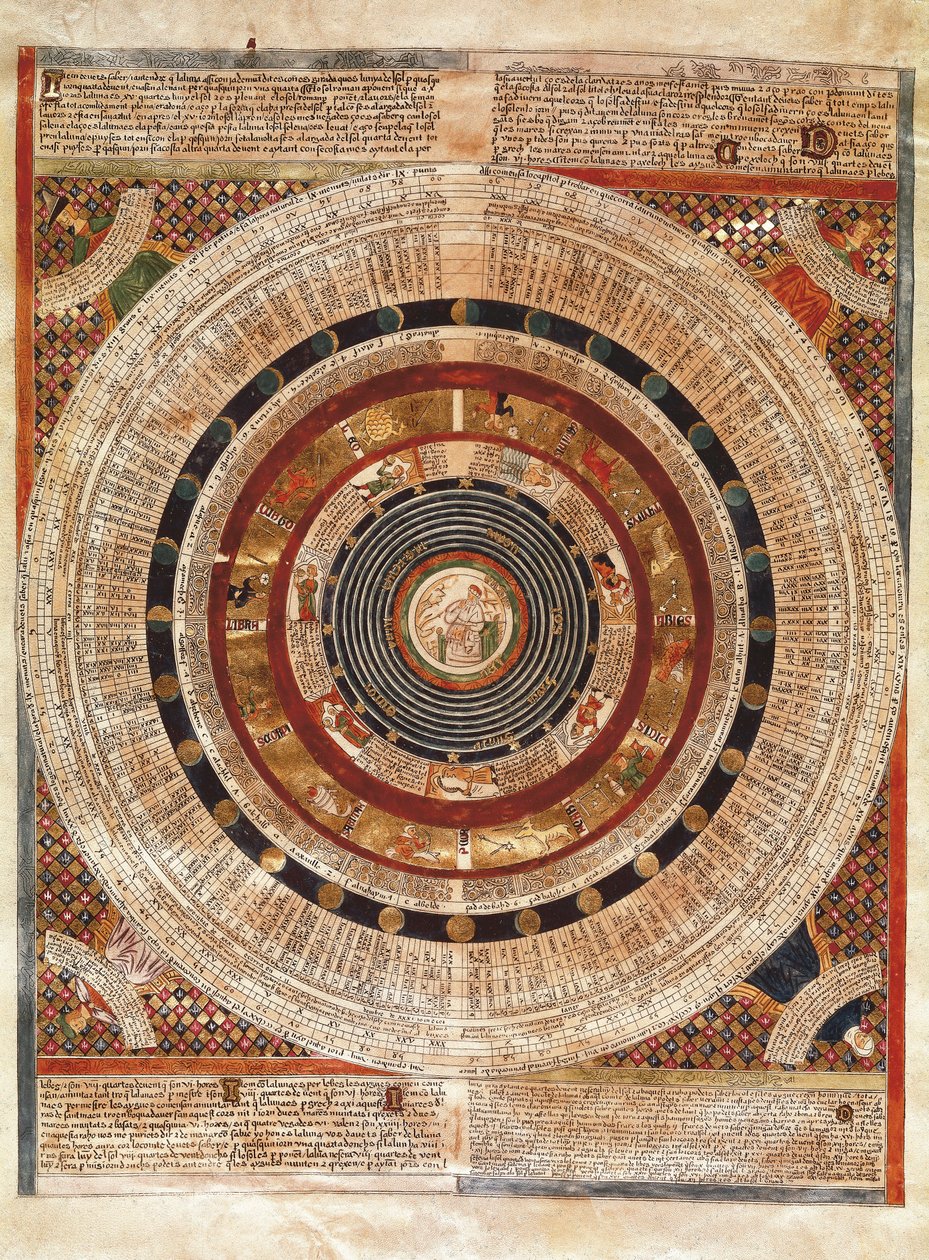 Cosmographie: representação da Terra como astrónomo com um astrolábio de Abraham Cresques