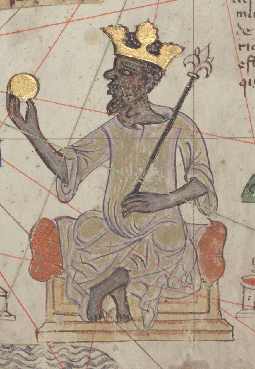Detalhe do Atlas Catalão, folha 6, mostrando Mansa Musa entronizado, 1375 de Abraham Cresques