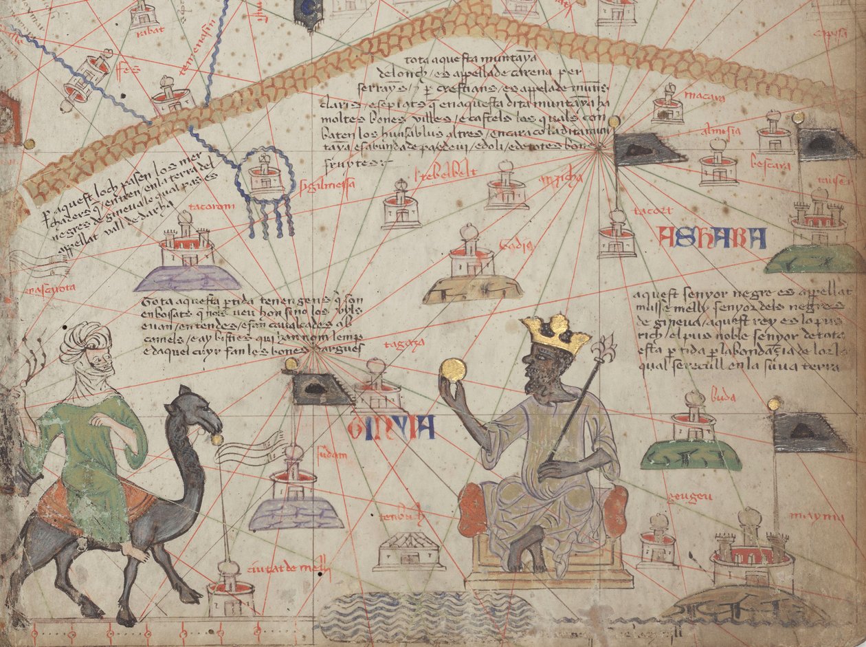 Detalhe do Atlas Catalão, folha 6, mostrando o Saara Ocidental e Mansa Musa, 1375 de Abraham Cresques