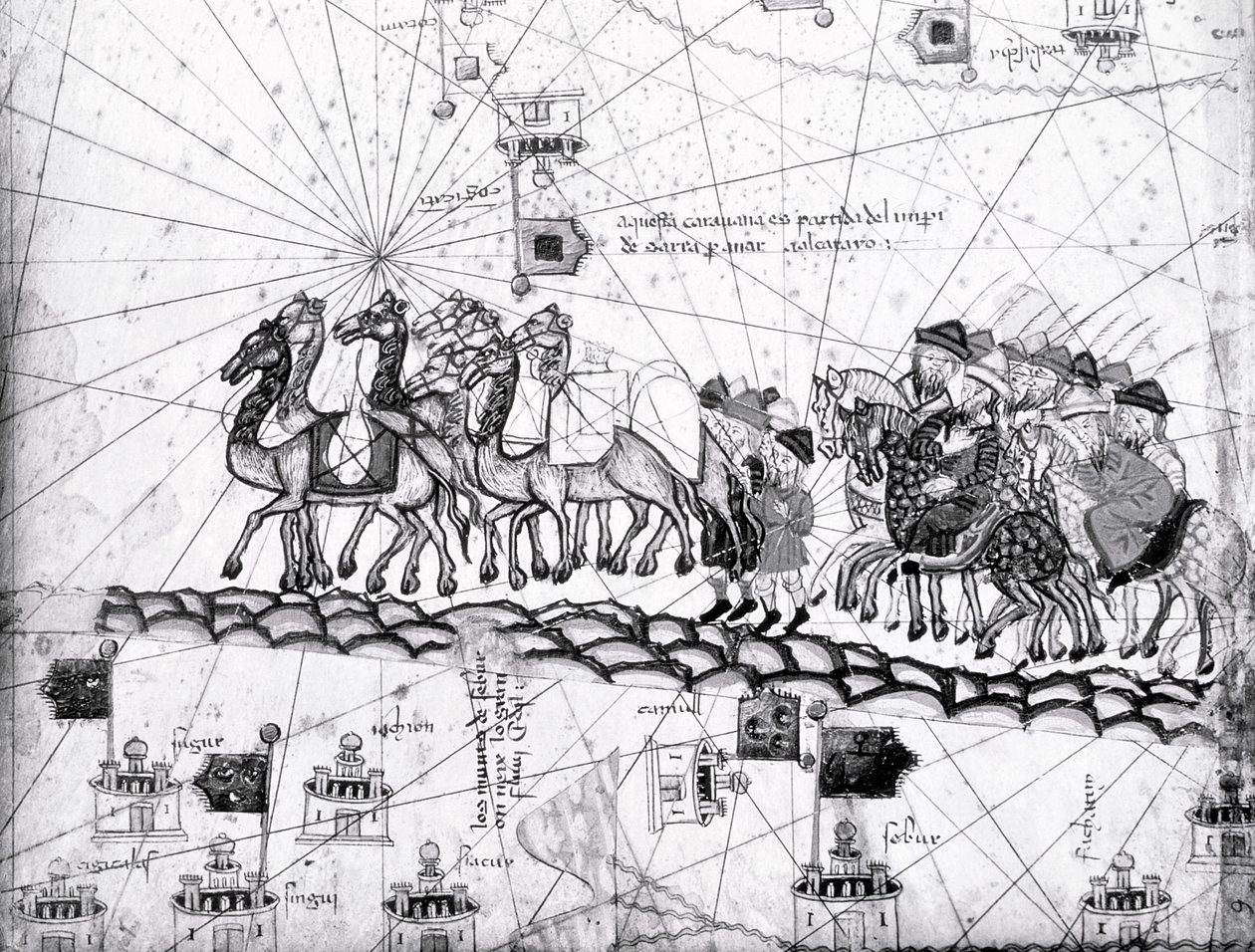 Ms Esp 20 painel 4, Mercadores viajando para Cathay, China, seguindo os passos de Marco Polos, detalhe mostrando a família de Marco Polo viajando de caravana de camelos, do Atlas catalão publicado por Charl de Abraham Cresques