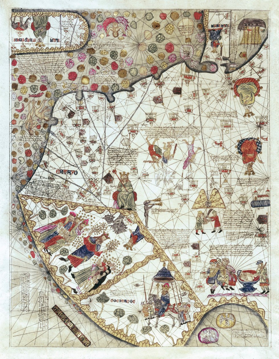 Mapa da China (Cathay), com descrições de pequenas cenas, delimitação dos reinos com os seus soberanos representados cada vez de Abraham and Cresques Jehuda Cresques